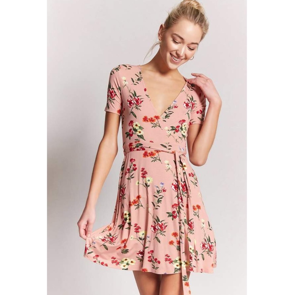 NEW Pink Red Floral Wrap Skater Dress